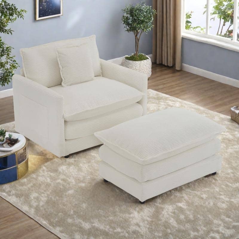 Corduroy Armchair with Ottoman, Storage Pockets and 2-Layer Foam Cushions - Beige