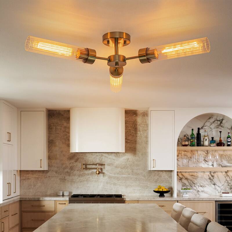 Modern Industrial 3-Light Clear Ribbed Glass Flush Mount Ceiling Light - Gold