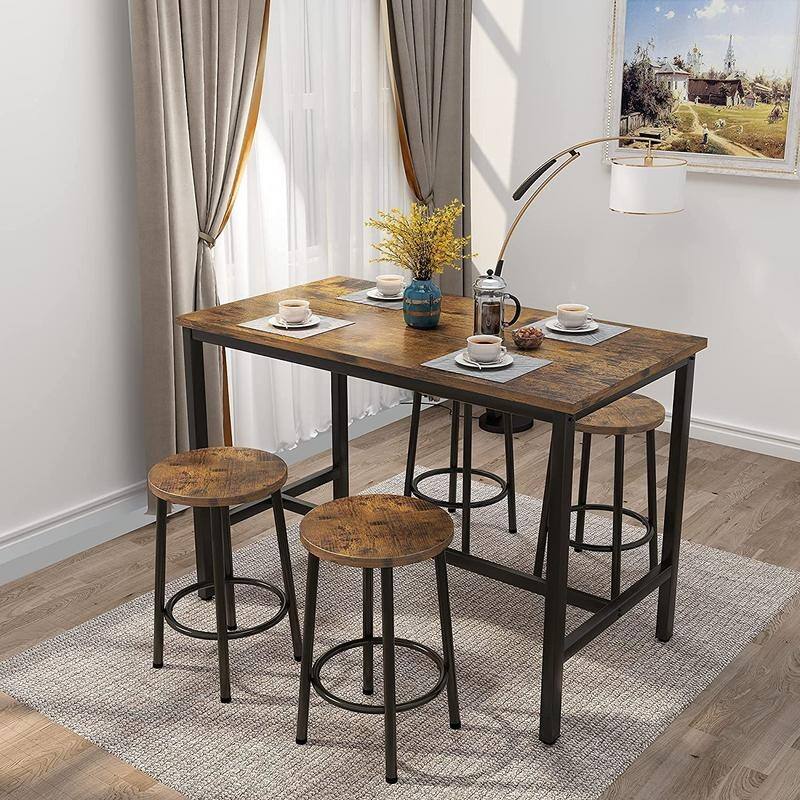 Industrial Dining Table Chair Set Kitchen Counter Height Pub Table with 4 Round Chairs ( Set of 5) - Rustic Brown+Black