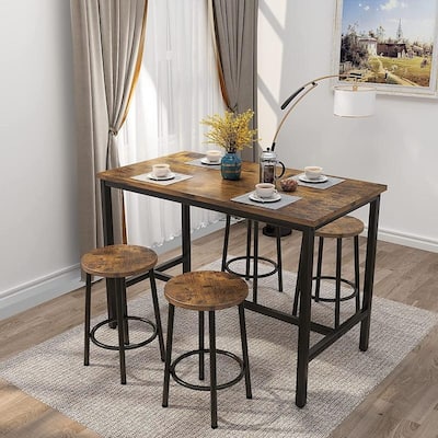 Industrial Dining Table Chair Set Kitchen Counter Height Pub Table with 4 Round Chairs ( Set of 5)