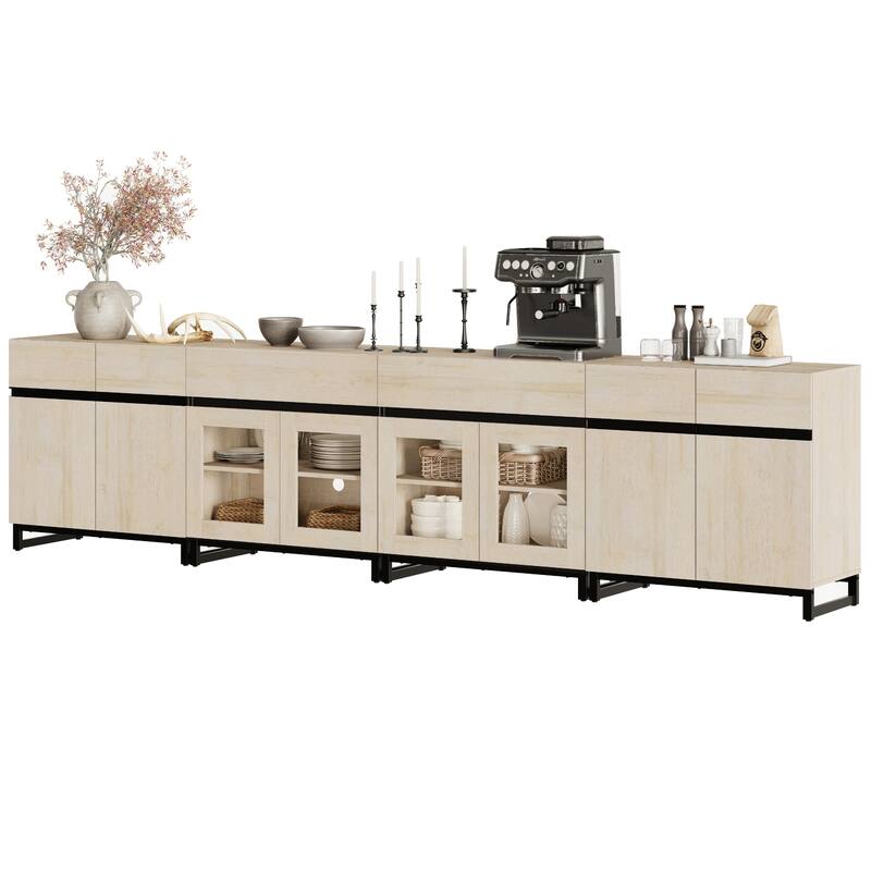 4 in 1 Sideboard Buffet Cabinets with 2 Drawers & Glass Doors, Modern Credenza with Adjustable Shelf and Metal Base