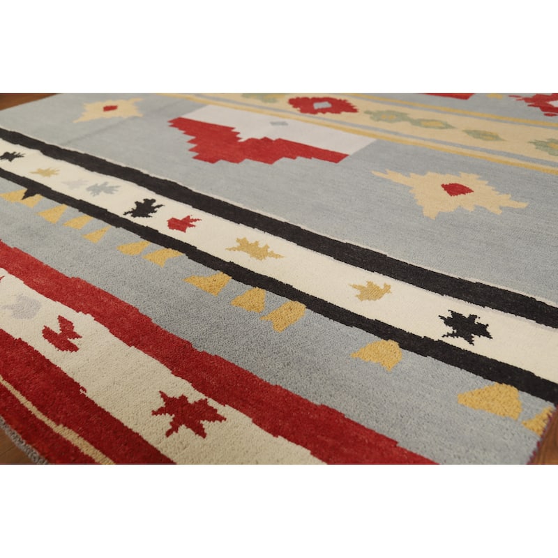 Hand Knotted Oriental 100% Wool Carpet Modern Geometric Greys & Charcoal Gabbeh Area Rug - 9' 2'' X 6' 0''
