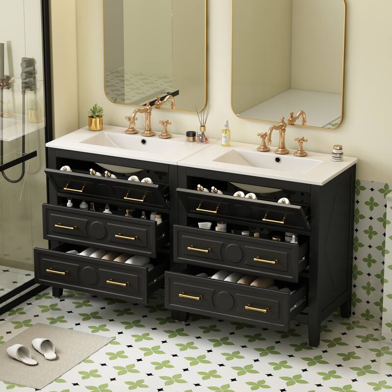 60'' Bathroom Vanity With Ceramic Sink Combo,Free Standing Single Vanity Set With 3 Drawers,Solid Wood Frame Storage Cabinet - Black