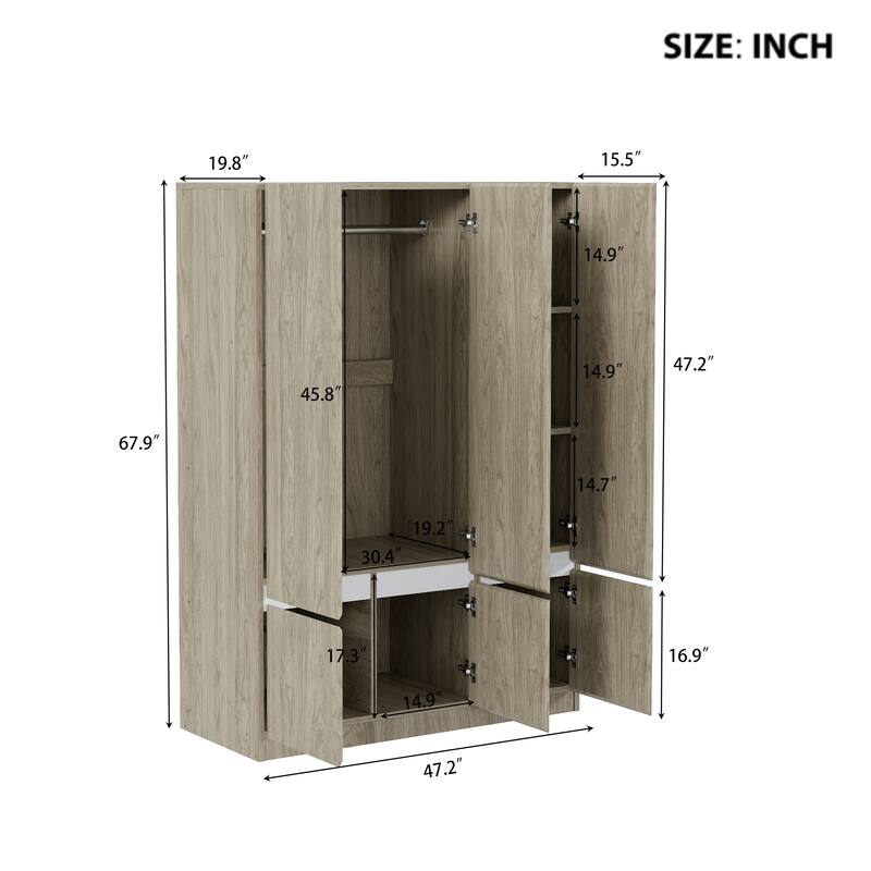 6-Doors Wooden Wardrobe Storage Armoire with Built-in Hanging Rail Clothes Storage Cabinet for Bedroom