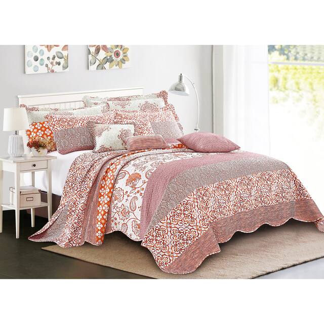 Serenta 9-pc. Cal King Printed Striped Cotton Blend Bed Coverlet Set - coral chevron