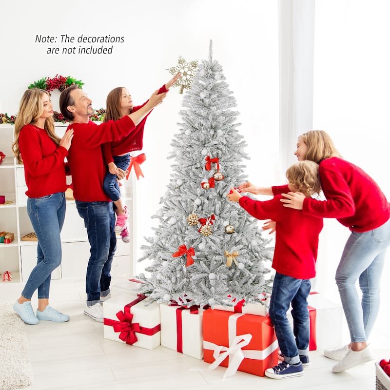 Gymax 6/7/8 FT Snow-flocked Artificial Christmas Tree w/51/65/81 - Green+White