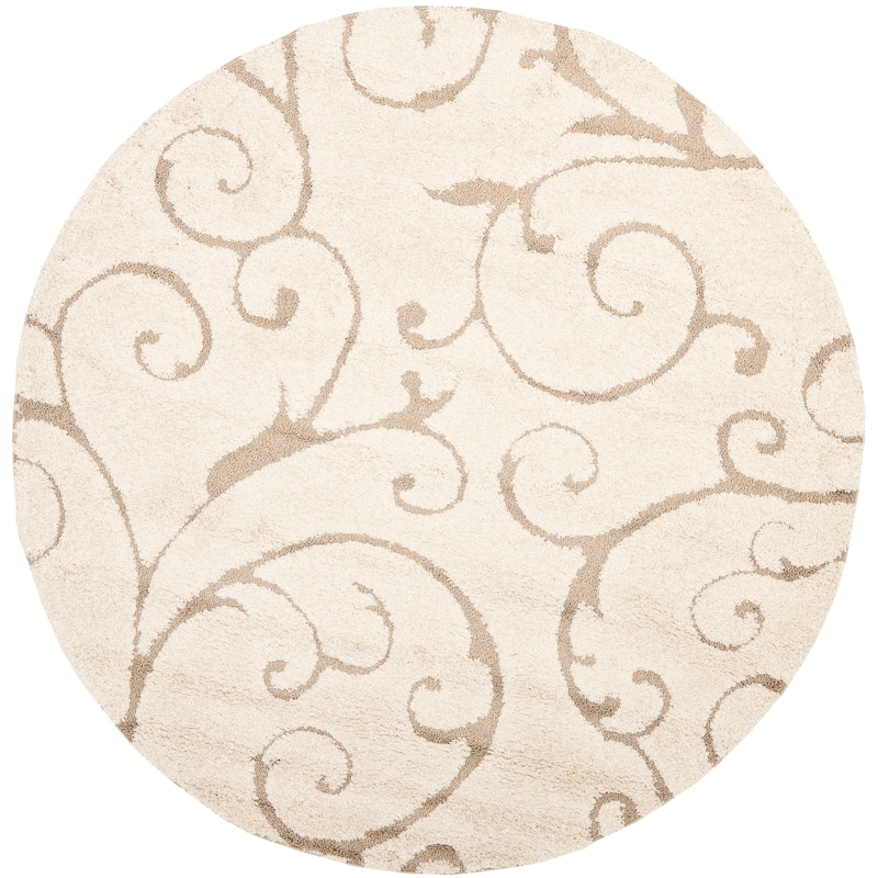 SAFAVIEH Florida Shag Shahin Scroll 1.2-inch Thick Textured Rug - 6'7" Round - Cream/Beige
