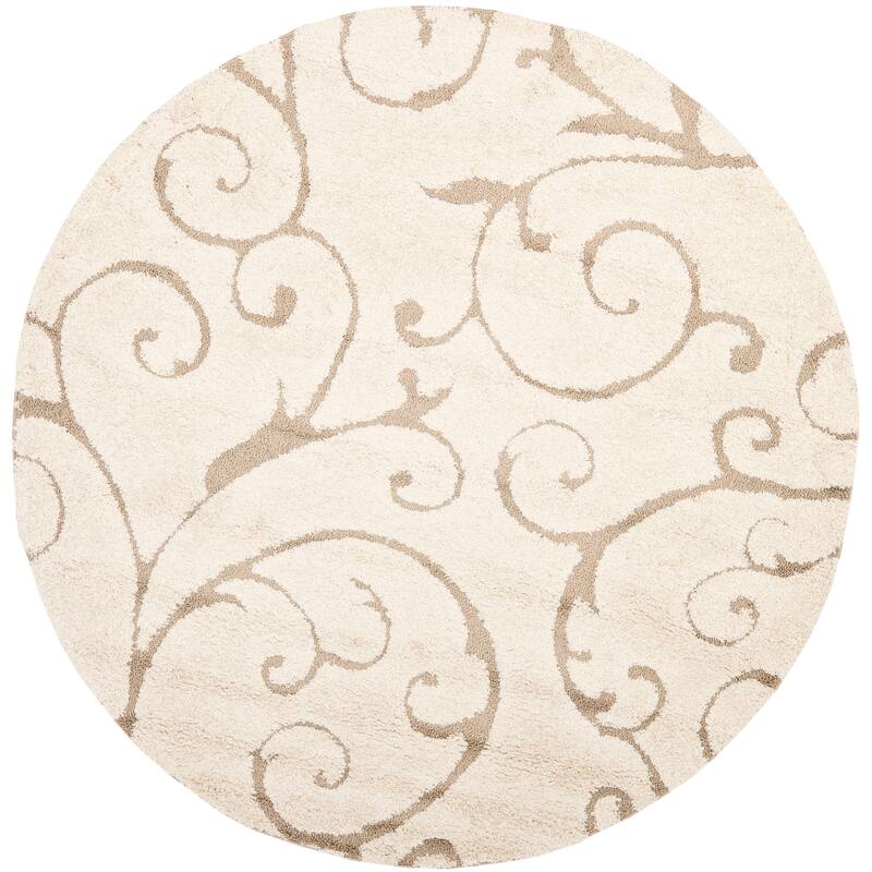 SAFAVIEH Florida Shag Shahin Scroll 1.2-inch Thick Textured Rug - 9' x 9' Round - Cream/Beige