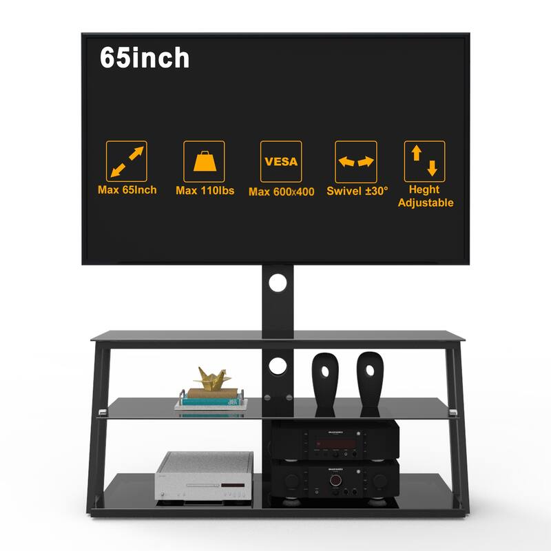 Black Tempered Glass TV Stand with Three Layers, Height and Angle Adjustable for 3265 Inch TVs