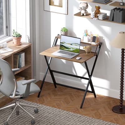 Folding Desk with Monitor Shelf Compact Space Saving Workstation for Home Office