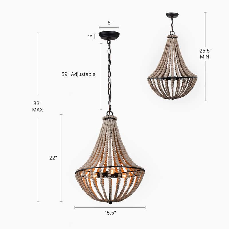 Modern Farmhouse 3-Light Wood Beads Coastal Chandelier - Off-white - 15.5'' L x 15.5'' W x 22'' H