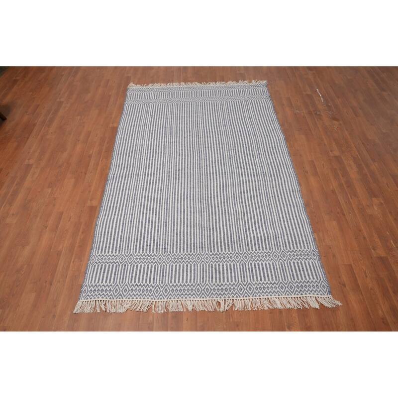 Hand Woven Oriental 100% Wool Carpet Traditional Geometric Navy Blue & Blues Durrie-Kilim Area Rug - 8' 0'' X 5' 0''