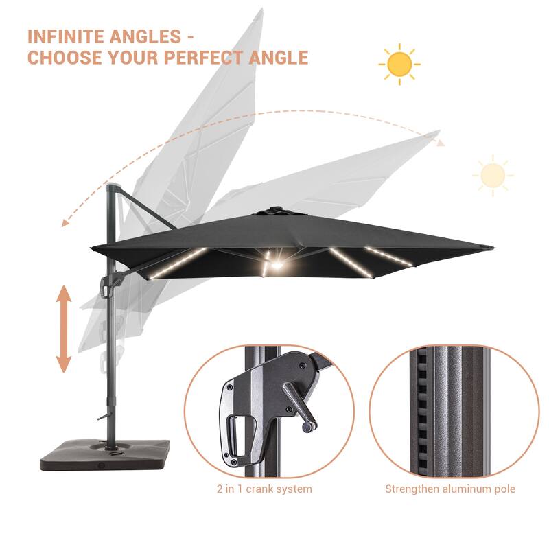 LIVOOSUN Patio10x10FT LED Aluminum Cantilever Umbrella Solution-Dyed Fabric w/Base