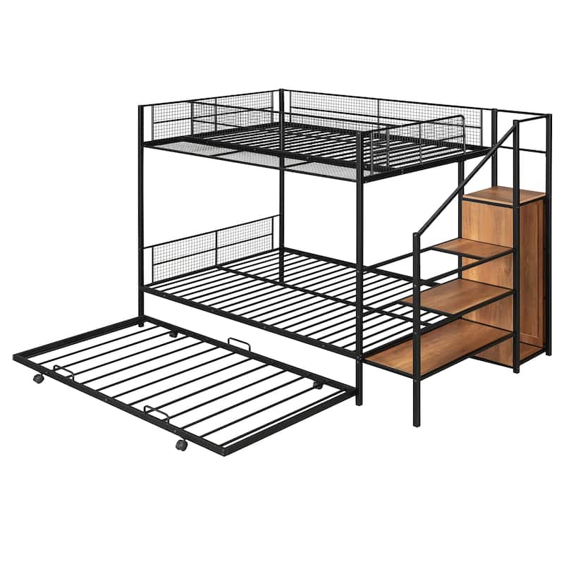 Black/White Metal Bunk Bed Twin Over Full with Built-In Wardrobe, Step Ladder Storage, and Optional Trundle or Drawers