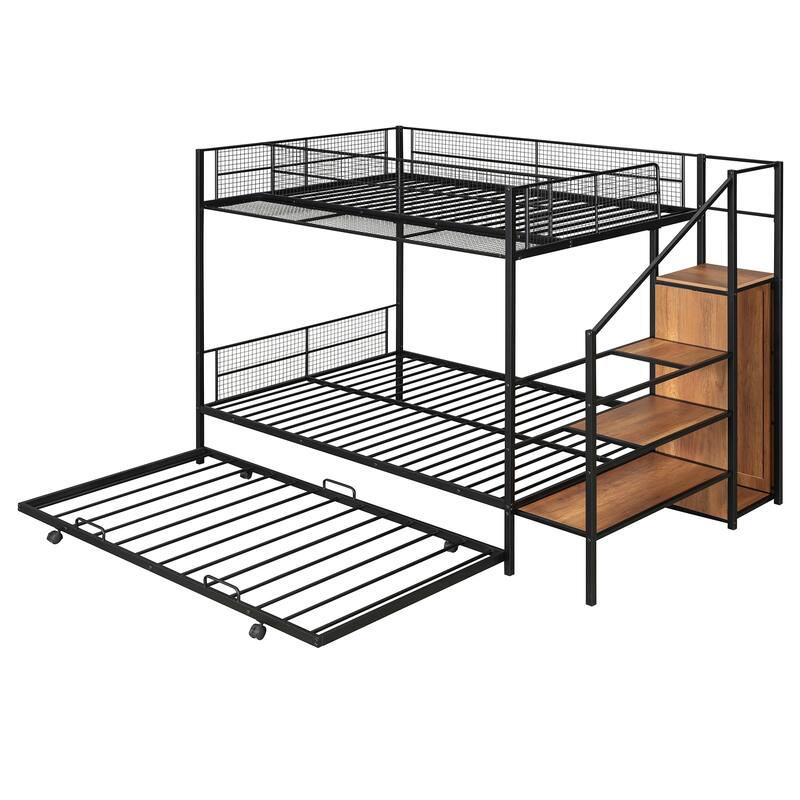 Twin Over Full Bunk Bed with Trundle, Storage Ladder, and Wardrobe, Perfect for Families or Guest Rooms