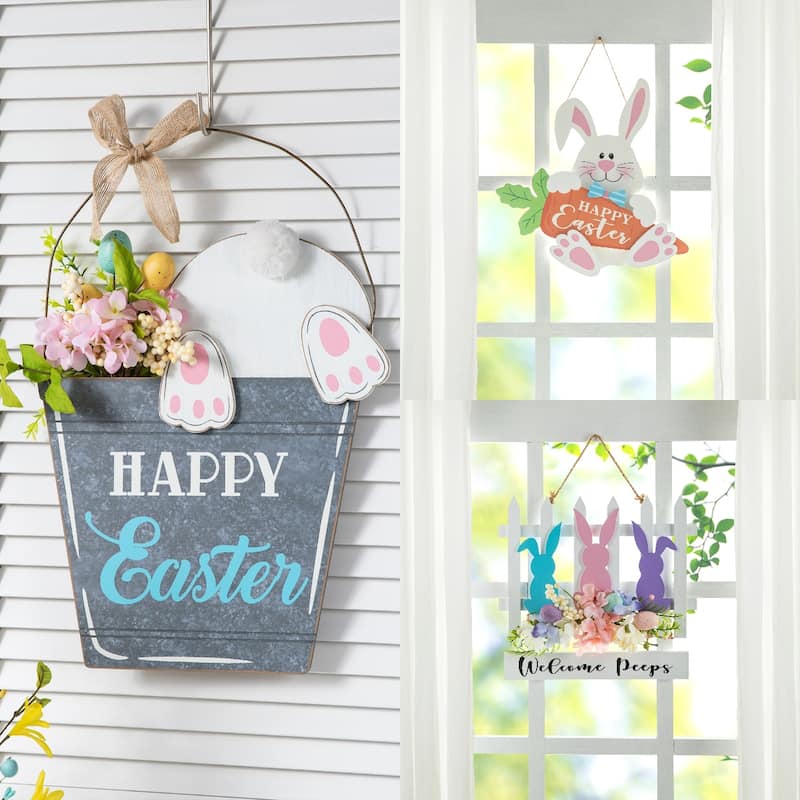 Glitzhome Easter Wooden Cute Bunny Eggs/Fence Door Hanger Wall Decor Spring Gift