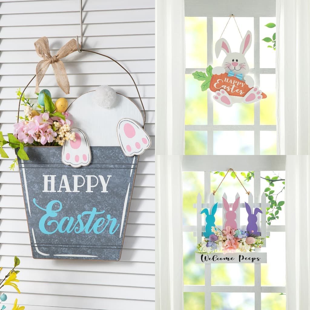 Glitzhome Easter Wooden Cute Bunny Eggs/Fence Door Hanger Wall Decor Spring Gift