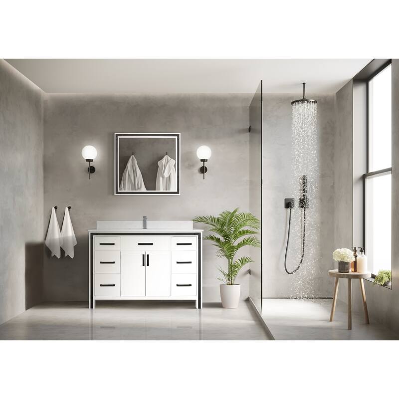 Ziva 48 in W x 22 in D White Bath Vanity, White Quartz Top and 34 in Mirror