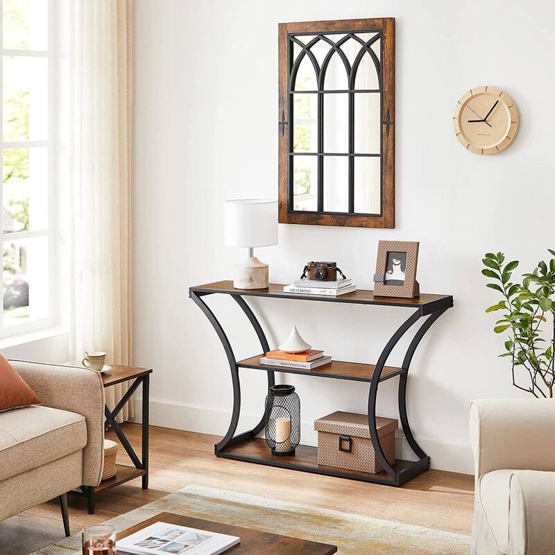 Black Metal Console Table with Curved Frames and 2 Open Wood Shelves for Modern Entryway or Living Room
