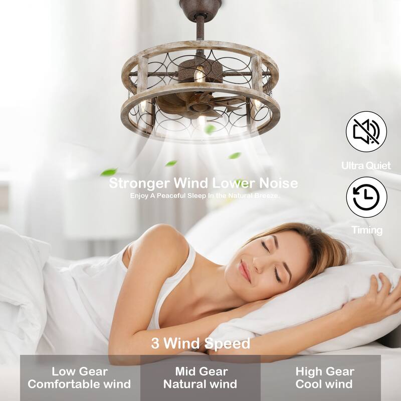 Oaks Aura 18" Farmhouse Solid Wood Reversible Ceiling Fan with Remote, Silent Motor 6-Speed Caged Ceiling Fan with Light