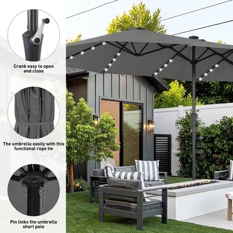 15ft Patio Umbrella Outdoor Market Umbrella with Base and LED Lights
