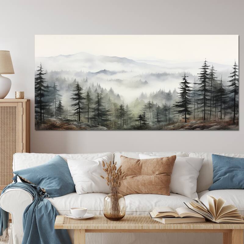 Designart "Pine Tree Misty Mountain II" Floral Wall Art Living Room