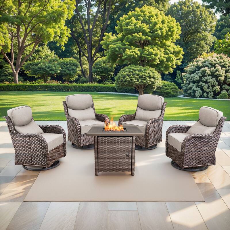 Pocassy 5 Pieces Outdoor 6" Swivel Chairs with Fire Pit Table - Brown Wicker - Beige cushion