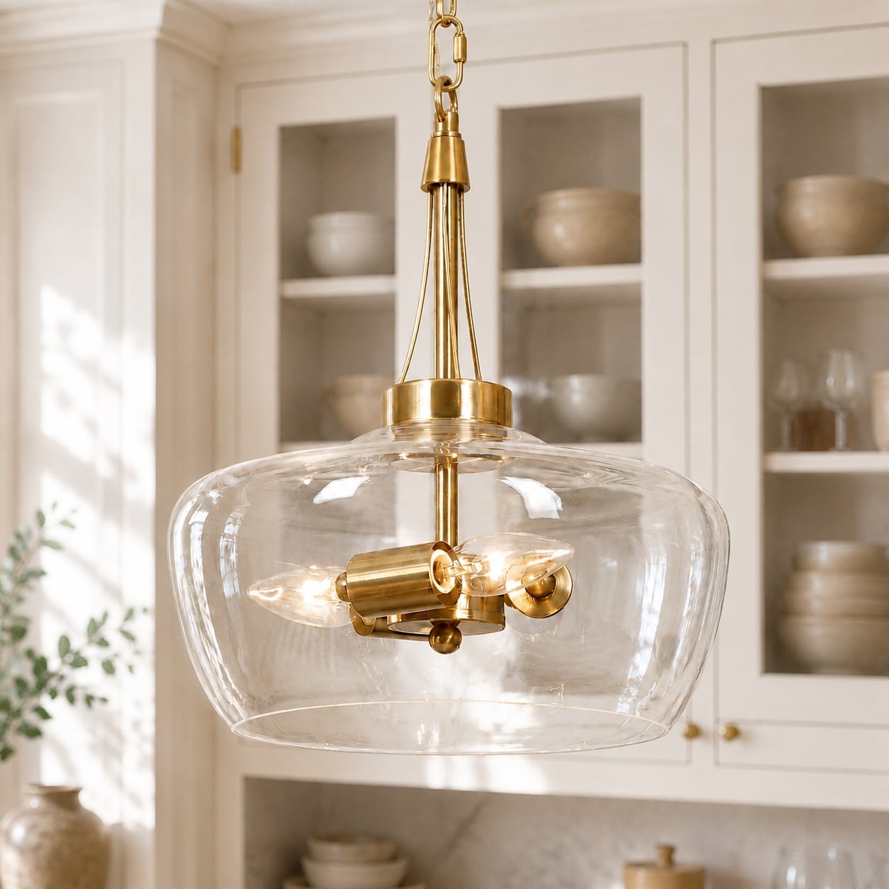 Zelena Modern Farmhouse Gold Chandelier Glass Drum Pendant Light for Dining Room