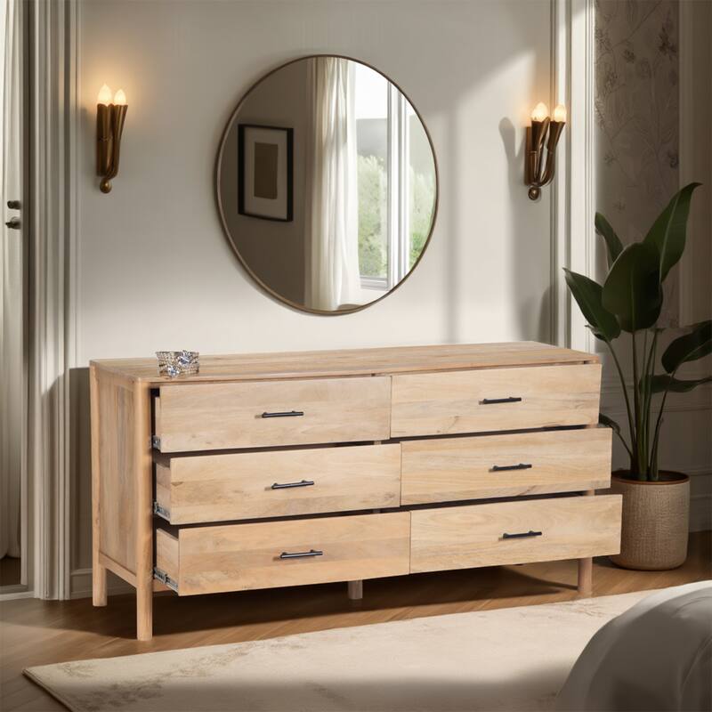 Geti 6 Drawers, 66 Inch Wide Dresser, Handcrafted Natural Oak White Mango Wood, Black Handles