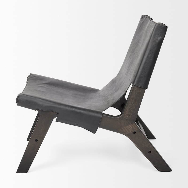 Elodie Black Genuine Buffalo Leather w/ Dark Brown Stained Solid Beechwood Frame Accent Chair - 24.4"W x 33.9"D x 30.7"H