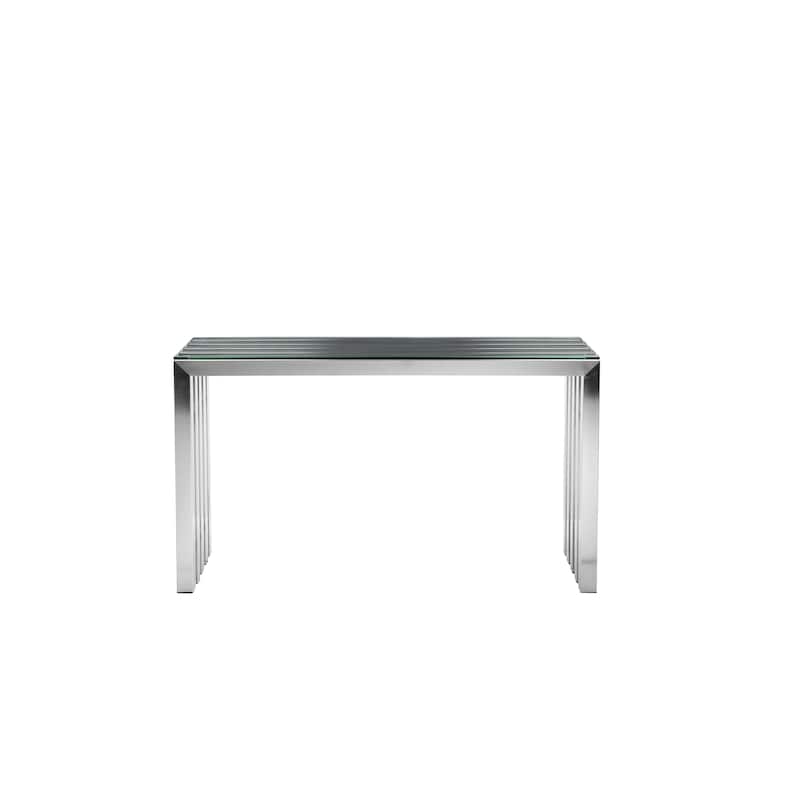 Namo 51 Inch Console Table, Tempered Glass Top, Slatted Silver Metal Frame