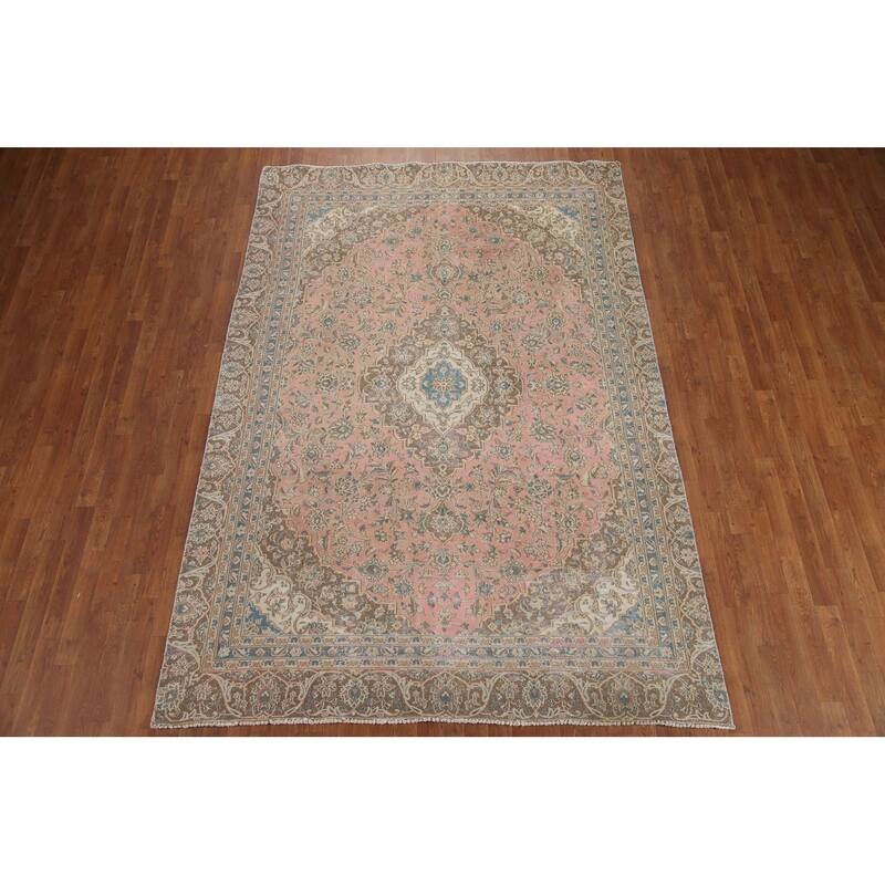 Hand Knotted Oriental 100% Wool Carpet Traditional Floral Pink Mashad Area Rug - 9' 8'' X 6' 7''