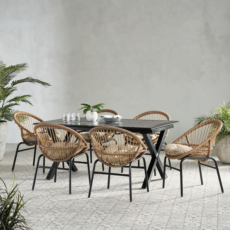 Coniston Outdoor Outdoor Wicker and Aluminum 7 Piece Dining Set with Cushion by Christopher Knight Home - Light Brown/ Matte Black/ Beige