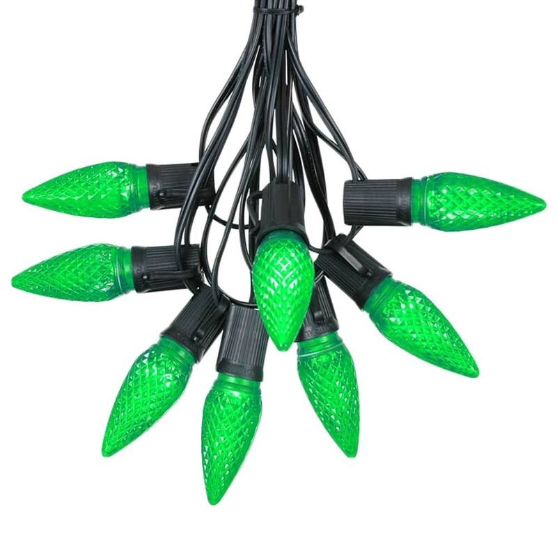 25 Foot C9 LED Christmas Light Set, Hanging String Lights, Black Wire - Green
