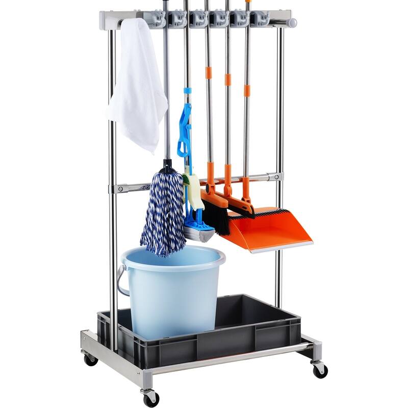 Silver Stainless Steel 10 Slots Garden Tool Organizer Rack with 4 Fixed Hooks and 4 Swivel Wheels - 48.9 x 20 x 26 in