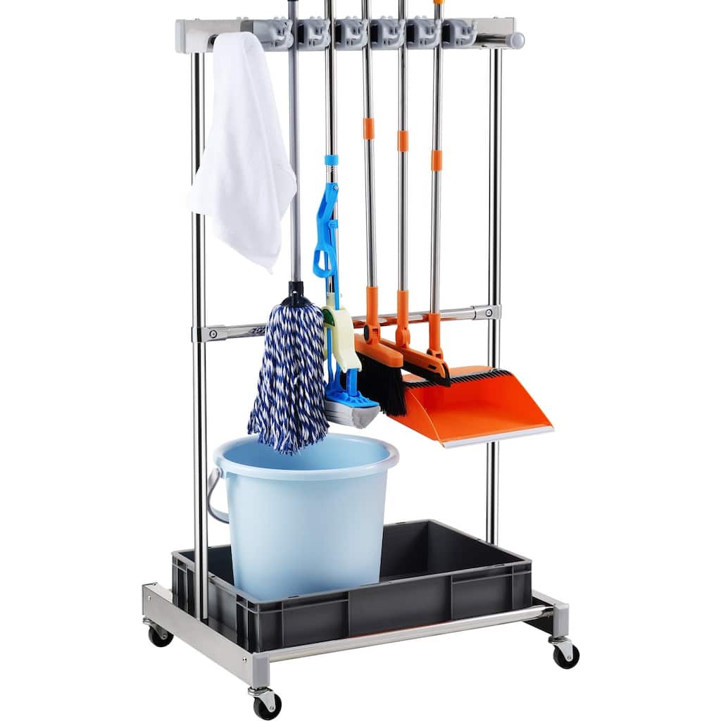 Silver Stainless Steel 10 Slots Garden Tool Organizer Rack with 4 Fixed Hooks and 4 Swivel Wheels - 48.9 x 20 x 26 in