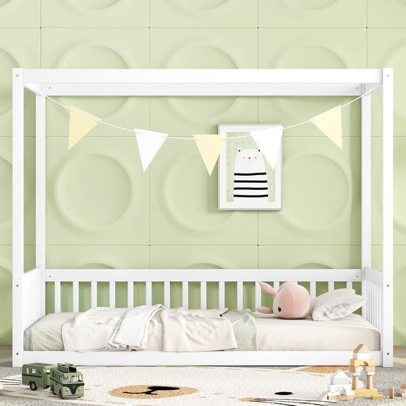 Canopy Frame Floor Bed with Fence and Guardrails,Twin/Full - White - Twin