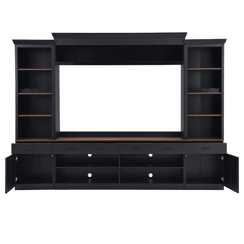108.2" Media Wall Unit - Two-Tone Walnut/Black, Wine Racks and 4 Cable Holes