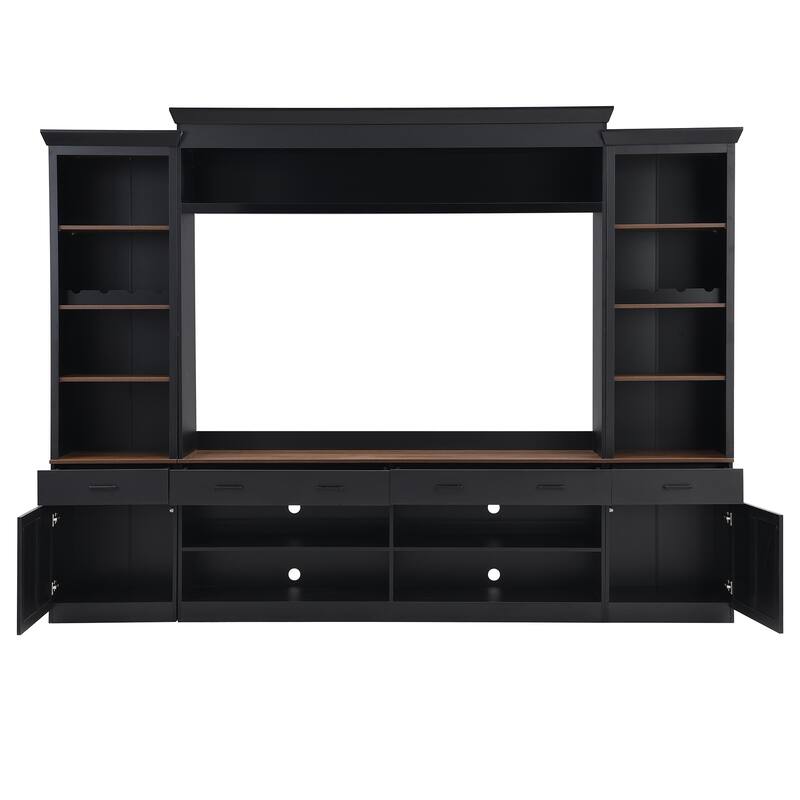 4-Piece, Farmhouse-style TV Stand, for TVs up to 70 Inches with 4 Drawers, Bookshelf and Wine Rack, for Living Rooms