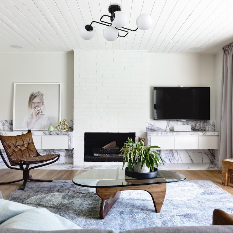 Mid - Century Modern 4 - Light Chandelier, Brass Frame with Glass Globes