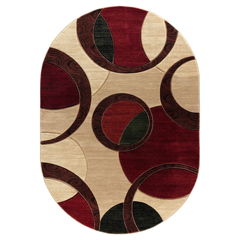 Orelsi Collection Abstract Geometric Circles Area Rug - 5'2" x 7'5" Oval - Beige/Red
