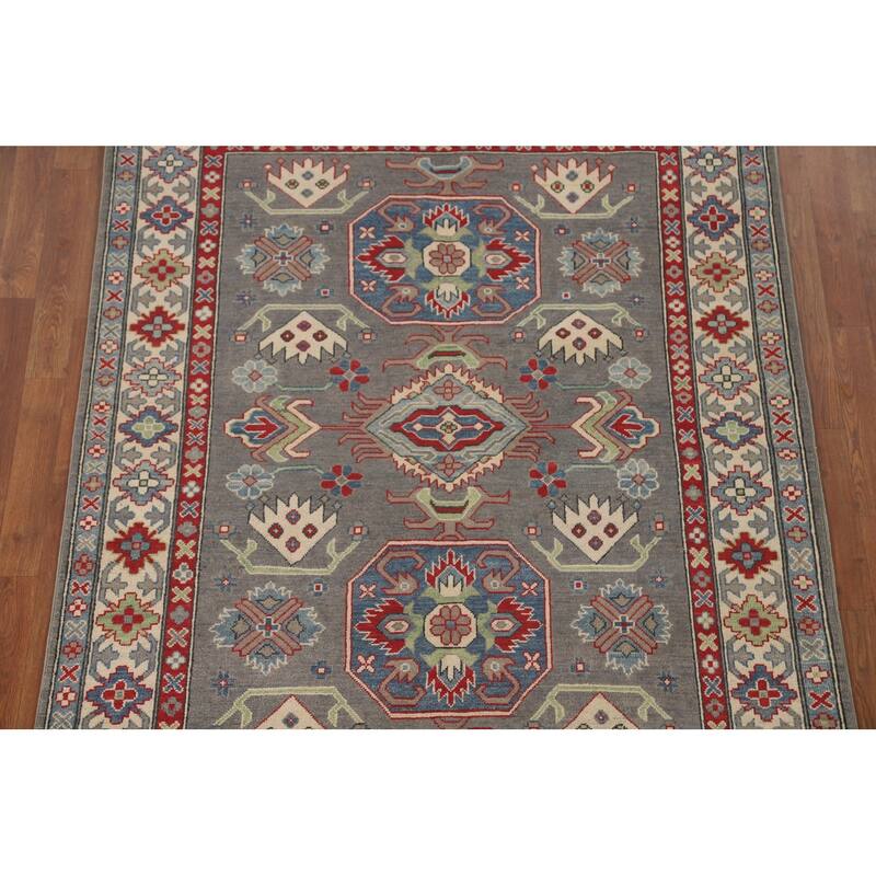 Gray Geometric Kazak Area Rug Hand-Knotted Oriental Wool Carpet - 4'11" x 6'6"