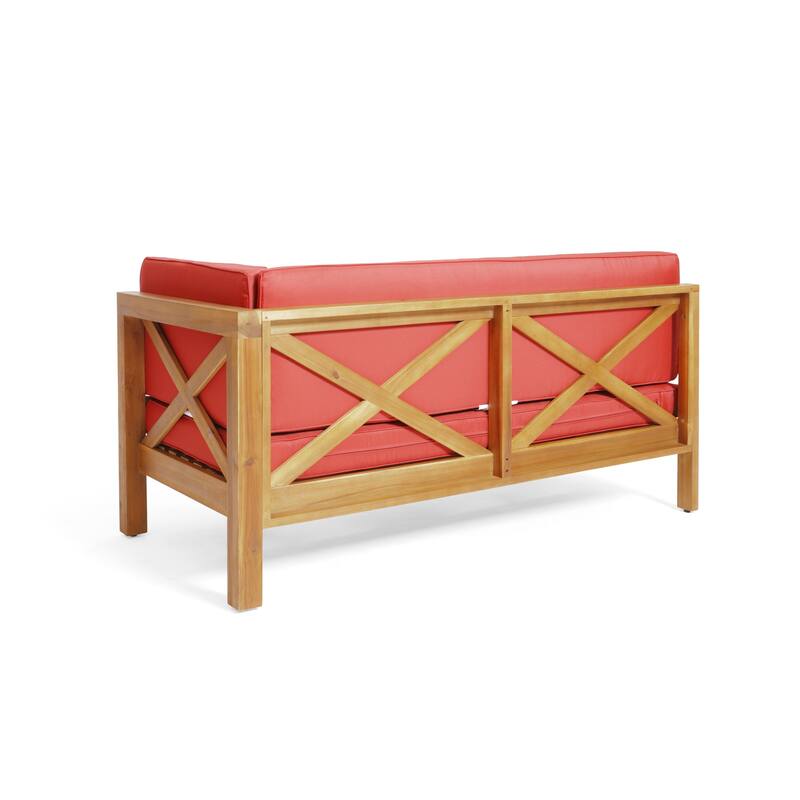 Acacia Wood Outdoor Corner Bench Set with Coffee Table Cross-Back Design Red Cushions