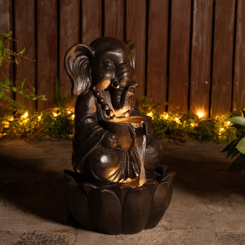Glitzhome Polyresin Meditating Buddha Frog/Elephant Statue Outdoor Water Fountain with LED Lights
