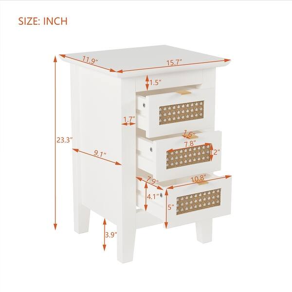 dimension image slide 4 of 6, 3-Piece Queen Bedroom Set with Platform Bed, Rattan Headboard, and Nightstands