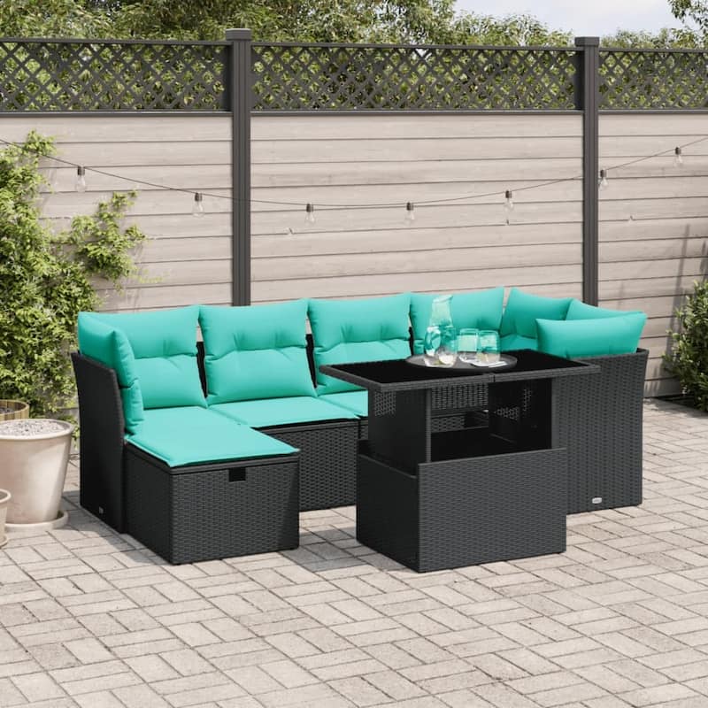 vidaXL Patio Sofa Set with Cushions and Table Outdoor Garden 7 Piece Poly Rattan - Black without storage - 24.4" x 24.4" x 27.2"