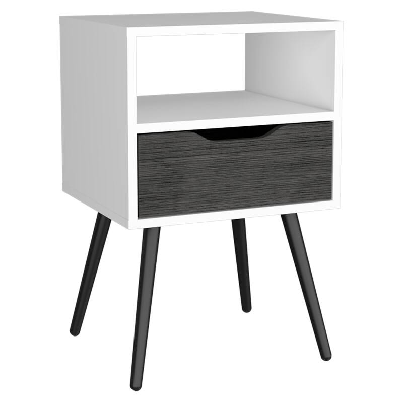 25-inch Nightstand with Superior Top, Open Shelf, and Drawer in Smokey White