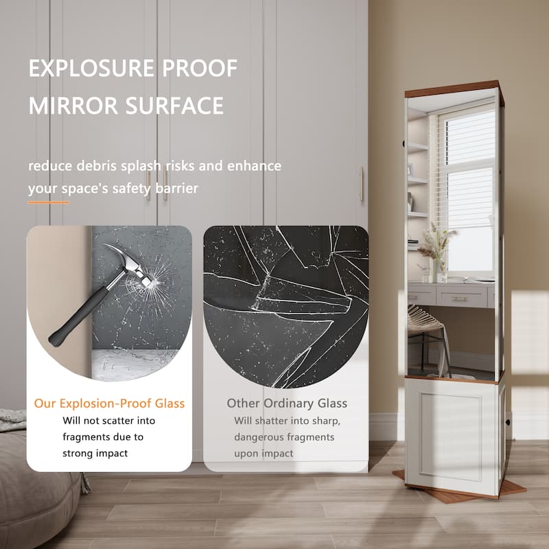 360°Rotating Storage Cabinet with Full-Length Mirror,total of 8 open shelves on both sides,One Side Hooks,1 Door with a Shelve