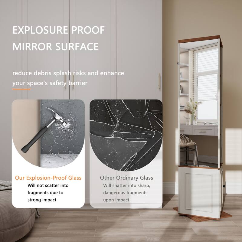 360掳 Rotating Storage Cabinet with Full-Length Mirror, Hooks & Shelves, Swivel Organizer for Entryway, Living Room