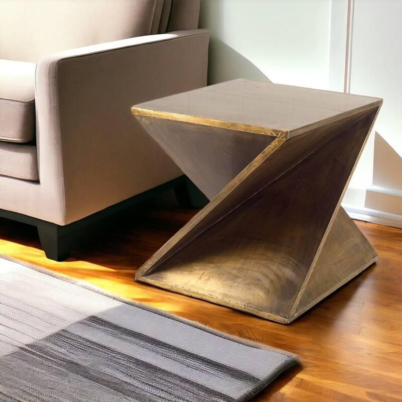 21 Inch Brass Clad Distressed Wood Abstract Z Shape End Table - 20" x 20" x 20.75" - Brass